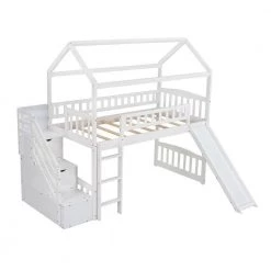 Twin Loft Bed with Two Drawers and Slide, House Bed with Slide, White by JASMODER -JASMODER Sales Store white jasmoder platform beds lt000130aak 1f 1000