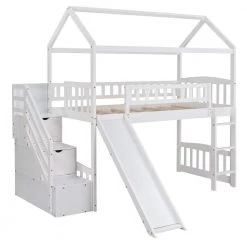 Twin Loft Bed with Two Drawers and Slide, House Bed with Slide, White by JASMODER -JASMODER Sales Store white jasmoder platform beds lt000130aak 4f 1000