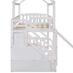 Twin Loft Bed with Two Drawers and Slide, House Bed with Slide, White by JASMODER -JASMODER Sales Store white jasmoder platform beds lt000130aak c3 1000