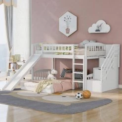 Stairway White Twin Bunk Bed with 2-Drawers and Slide by JASMODER 16 Stairway White Twin Bunk Bed with 2-Drawers and Slide by JASMODER -JASMODER Sales Store white jasmoder platform beds lt000156aak 1f 1000