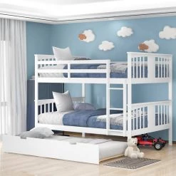White Convertible Full Bunk Bed with Twin Size Trundle and Ladder by JASMODER -JASMODER Sales Store white jasmoder platform beds lt000204aak 1f 1000