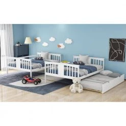 White Convertible Full Bunk Bed with Twin Size Trundle and Ladder by JASMODER -JASMODER Sales Store white jasmoder platform beds lt000204aak c3 1000