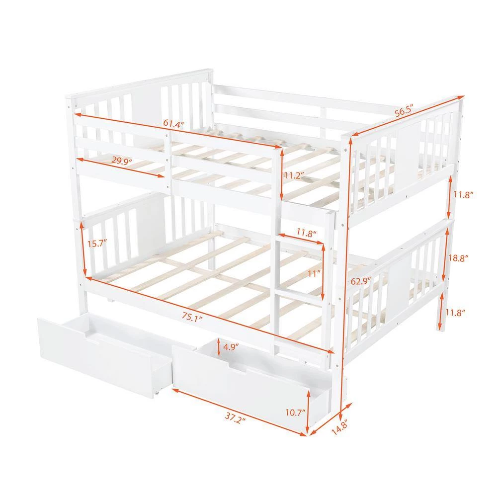 White Full Bunk Bed with Drawers and Ladder for Bedroom, Guest Room Furniture by JASMODER 9 White Full Bunk Bed with Drawers and Ladder for Bedroom, Guest Room Furniture by JASMODER - Image 7