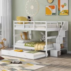 White Convertible Stairway Full-Over-Full Bunk Bed with Twin size Trundle, Storage and Guard Rail for Bedroom, Dorm by JASMODER -JASMODER Sales Store white jasmoder platform beds lt000210aak 1f 1000