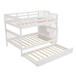 White Convertible Stairway Full-Over-Full Bunk Bed with Twin size Trundle, Storage and Guard Rail for Bedroom, Dorm by JASMODER -JASMODER Sales Store white jasmoder platform beds lt000210aak 31 1000