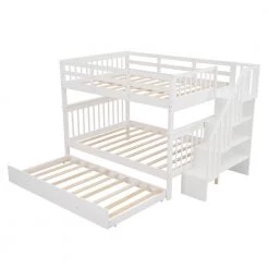 White Convertible Stairway Full-Over-Full Bunk Bed with Twin size Trundle, Storage and Guard Rail for Bedroom, Dorm by JASMODER -JASMODER Sales Store white jasmoder platform beds lt000210aak 44 1000