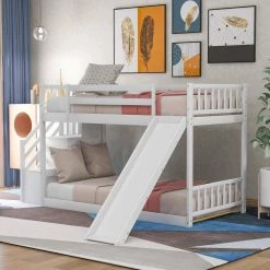 White Twin Bunk Bed with Convertible Slide and Stairway by JASMODER -JASMODER Sales Store white jasmoder platform beds sm000207aak 1 31 1000