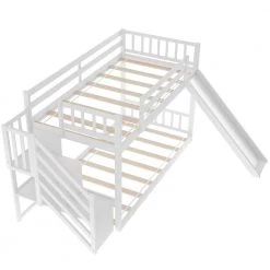 White Twin Bunk Bed with Convertible Slide and Stairway by JASMODER
