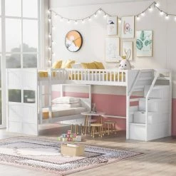 White Twin L-Shaped Bunk Bed with Ladder and Stairway by JASMODER -JASMODER Sales Store white jasmoder platform beds sm000303aak 1 1f 1000