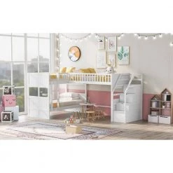 White Twin L-Shaped Bunk Bed with Ladder and Stairway by JASMODER -JASMODER Sales Store white jasmoder platform beds sm000303aak 1 31 1000