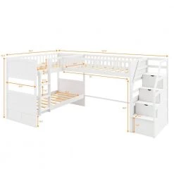 White Twin L-Shaped Bunk Bed with Ladder and Stairway by JASMODER -JASMODER Sales Store white jasmoder platform beds sm000303aak 1 44 1000