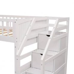 White Twin L-Shaped Bunk Bed with Ladder and Stairway by JASMODER -JASMODER Sales Store white jasmoder platform beds sm000303aak 1 4f 1000