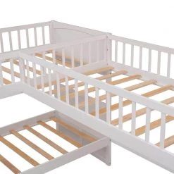 White Twin L-Shaped Bunk Bed with Ladder and Stairway by JASMODER