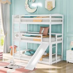 42.2" Inch Twin over Twin over Twin Adjustable Triple Bunk Bed with Ladder and Slide, White by JASMODER