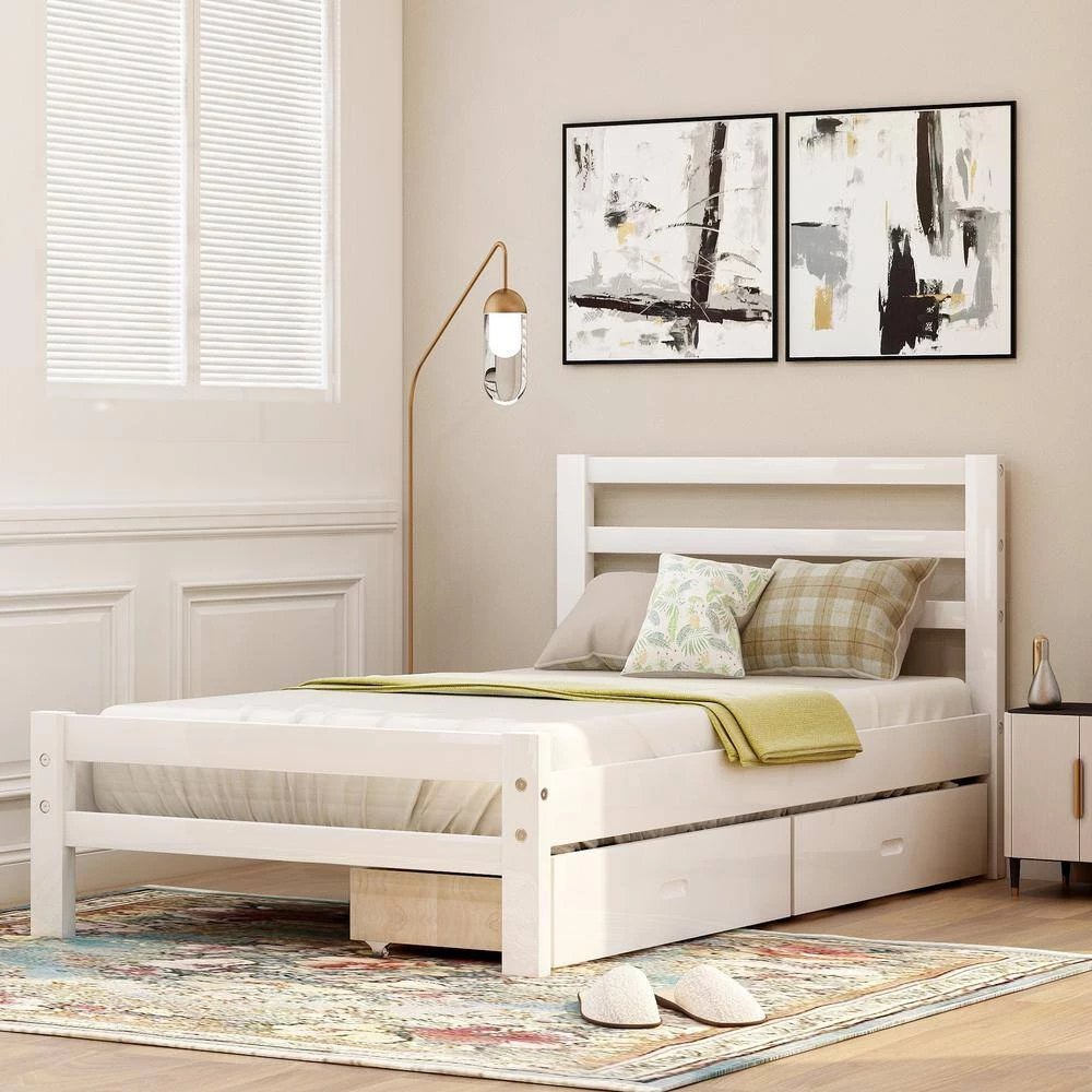 39.2 in. W White Twin Frame Platform Bed with Drawers by JASMODER 4 39.2 in. W White Twin Frame Platform Bed with Drawers by JASMODER - Image 2