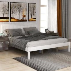 White Queen Platform Bed Frame with Headboard, Wood Slat Support, No Box Spring Needed by JASMODER -JASMODER Sales Store white jasmoder platform beds wf212813aak 31 1000