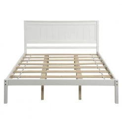White Queen Platform Bed Frame with Headboard, Wood Slat Support, No Box Spring Needed by JASMODER
