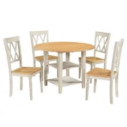 Farmhouse Wooden Round Dining Table Set, Drop Leaf Kitchen Table Set with 2-Tier Storage Shelves and 4-Cross Back Chairs by JASMODER -JASMODER Sales Store yellow jasmoder dining room sets sh000207aal 1f 1000