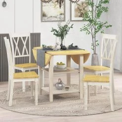 Farmhouse Wooden Round Dining Table Set, Drop Leaf Kitchen Table Set with 2-Tier Storage Shelves and 4-Cross Back Chairs by JASMODER -JASMODER Sales Store yellow jasmoder dining room sets sh000207aal 31 1000
