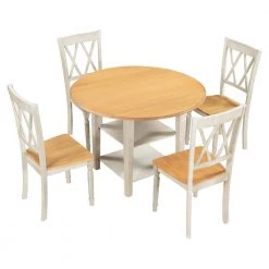 Farmhouse Wooden Round Dining Table Set, Drop Leaf Kitchen Table Set with 2-Tier Storage Shelves and 4-Cross Back Chairs by JASMODER -JASMODER Sales Store yellow jasmoder dining room sets sh000207aal 44 1000