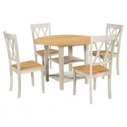 Farmhouse Wooden Round Dining Table Set, Drop Leaf Kitchen Table Set with 2-Tier Storage Shelves and 4-Cross Back Chairs by JASMODER