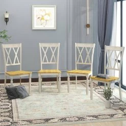 Farmhouse Wooden Round Dining Table Set, Drop Leaf Kitchen Table Set with 2-Tier Storage Shelves and 4-Cross Back Chairs by JASMODER -JASMODER Sales Store yellow jasmoder dining room sets sh000207aal fa 1000